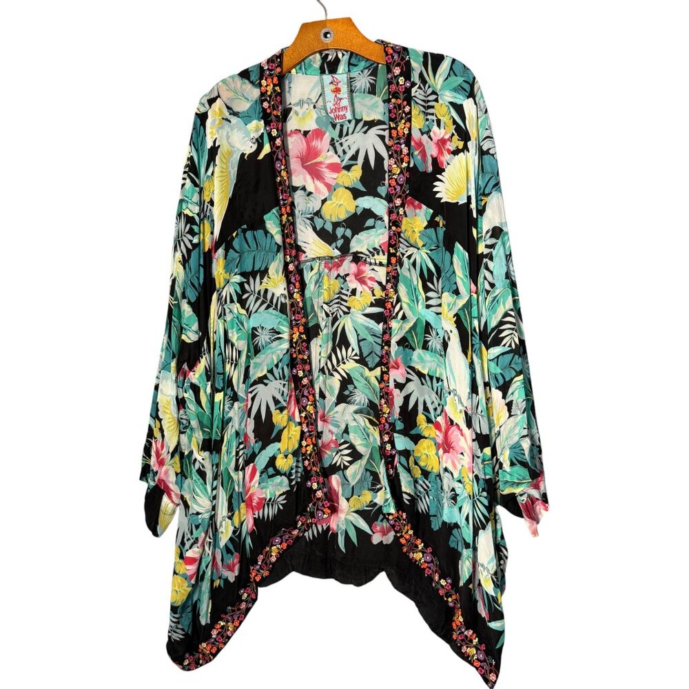 Johnny Was Solomio Tropical Print Kimono Embroidered Cockatoo Boho
